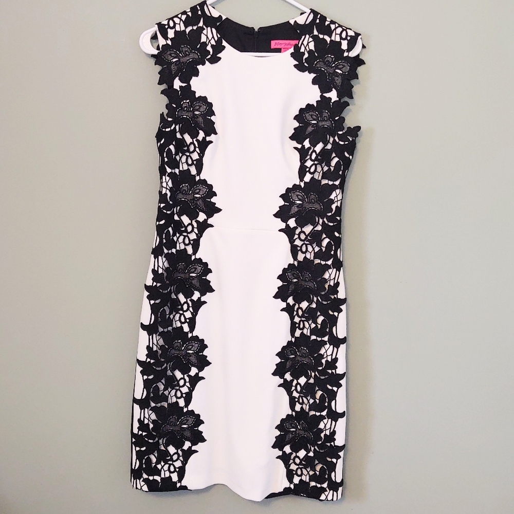 BETSEY JOHNSON White Midi Sheath Dress Black Floral Applique Size 6